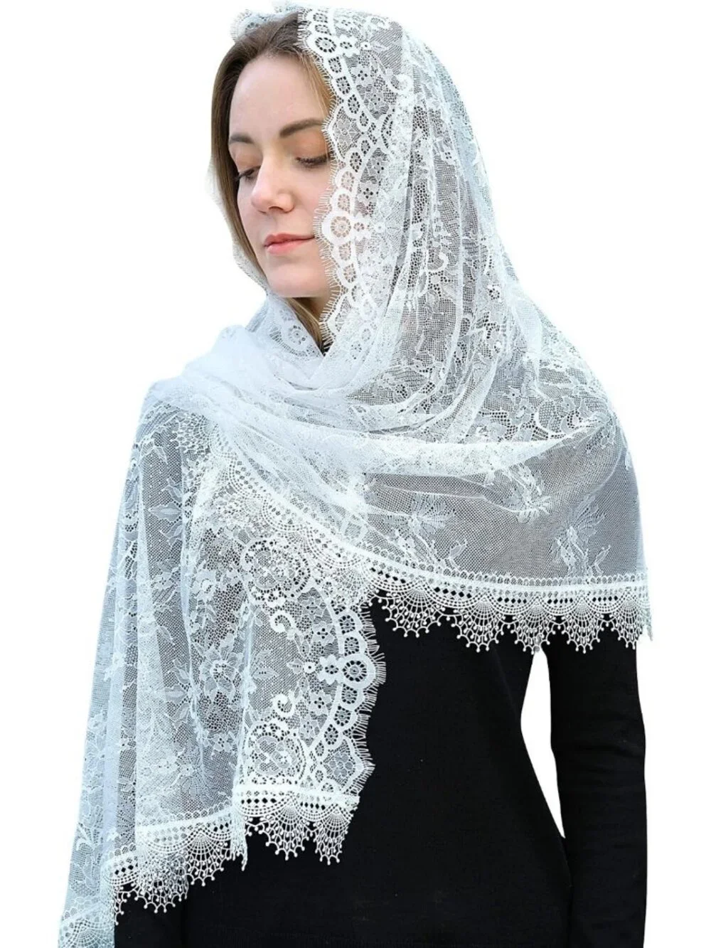 Elegant Floral Lace Chapel Veil Scarf for Women | Rectangular Mantilla Wrap